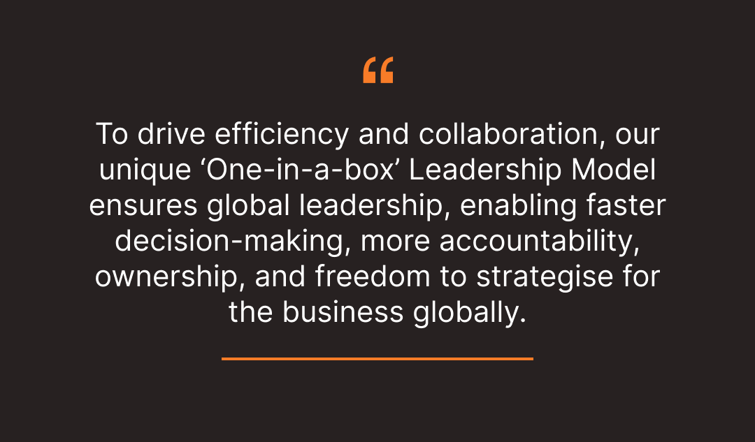To drive efficiency and collaboration, our unique ‘One-in-a-box’ Leadership Model ensures global leadership, enabling faster decision-making, more accountability, ownership, and freedom to strategise for the business globally.